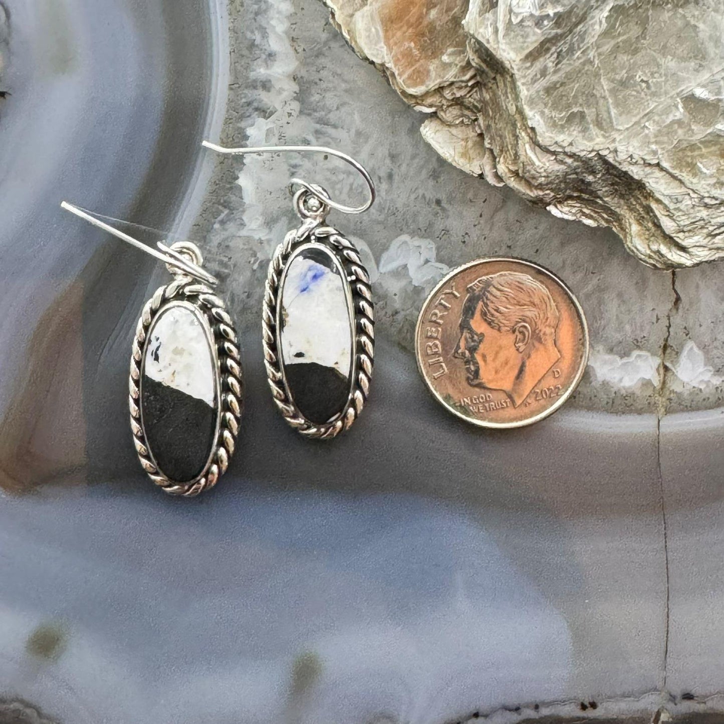 Native American Sterling Silver Oval White Buffalo Dangle Earrings For Women.