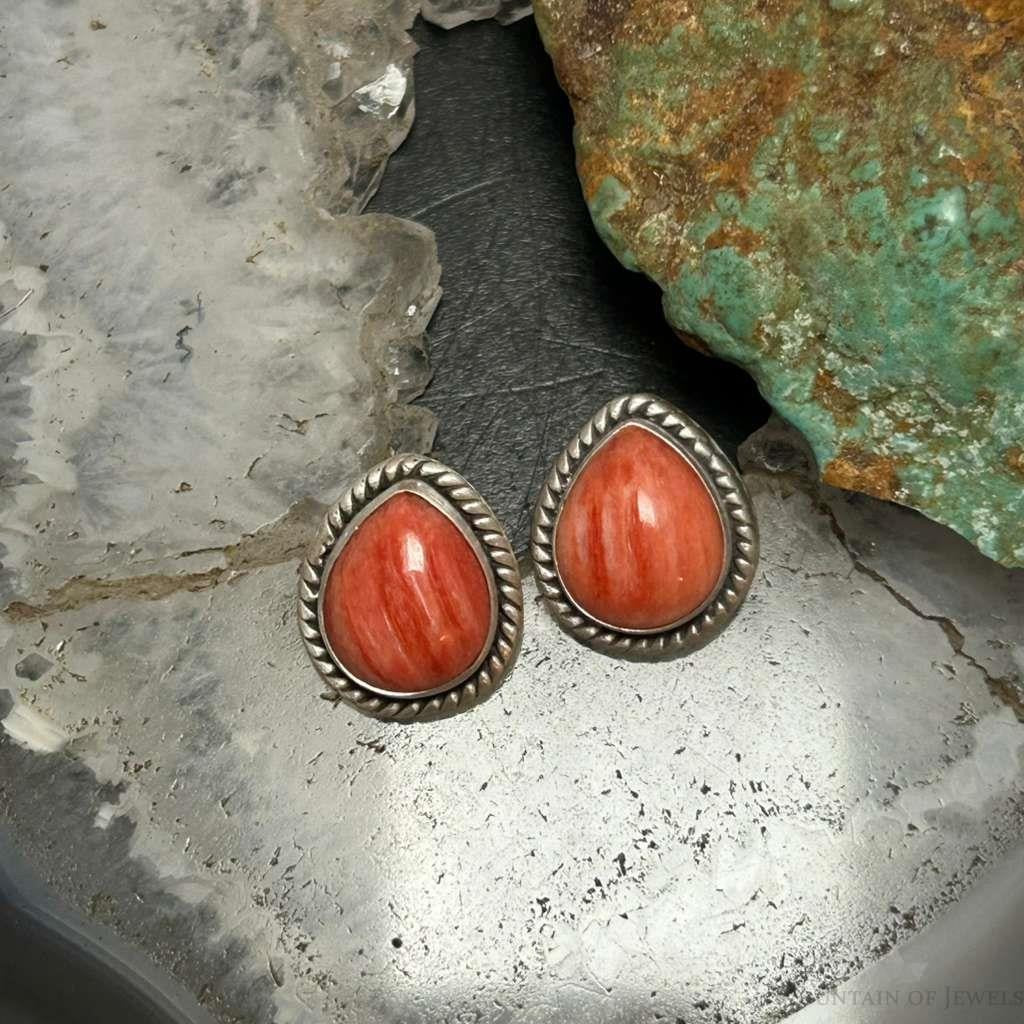 Sterling Silver Southwestern Style Teardrop Orange Spiny Oyster Stud Earrings For Women