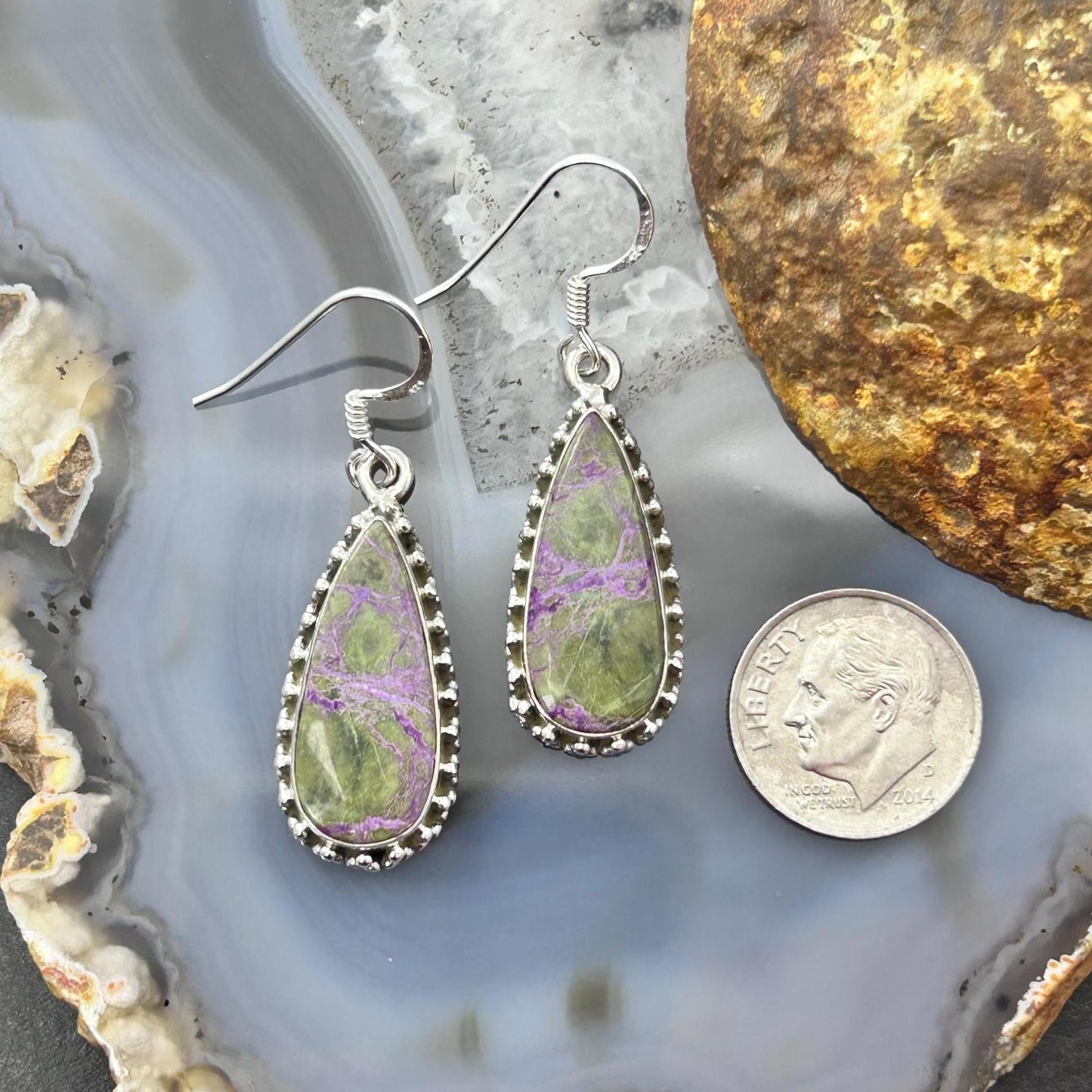 Sterling Silver Southwestern Style Teardrop Stichtite Dangle Earrings For Women