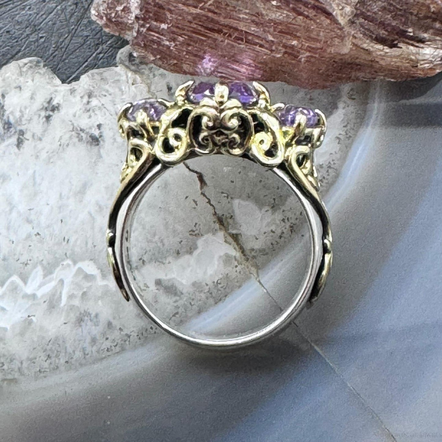 Carolyn Pollack Sterling Silver & Brass 3 Faceted Amethyst Decorated Ring For Women