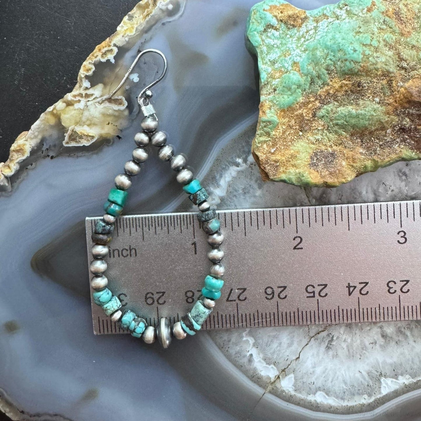 Sterling Silver Southwestern Style Navajo Pearl & Turquoise Bead Hoop Earrings For Women