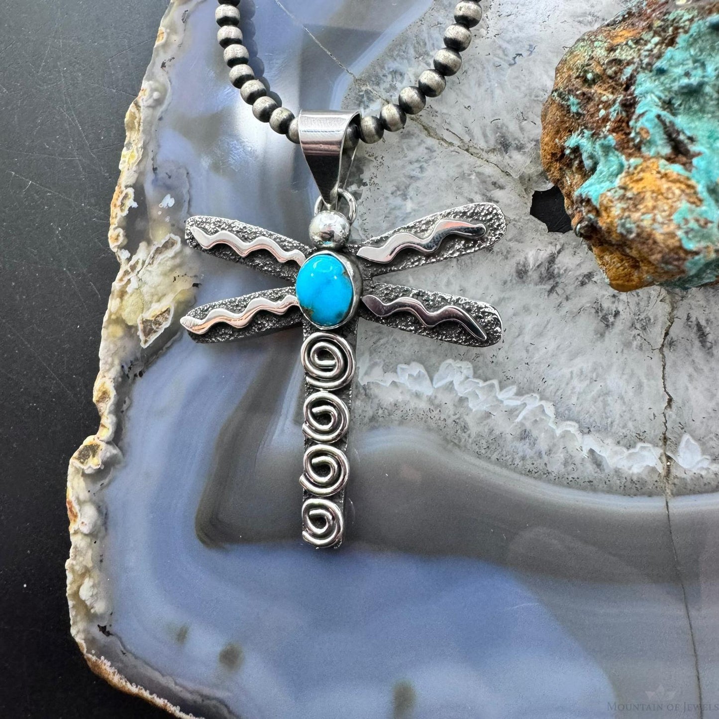 Alex Sanchez Native American Sterling Silver Turquoise & Petroglyph Dragonfly Unisex Pendant