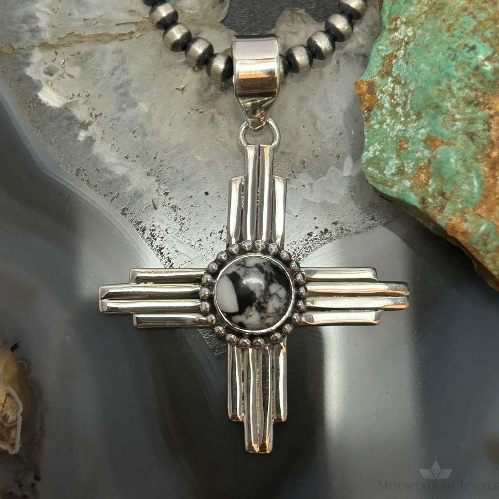 Sterling Silver Southwestern Style Rounded White Buffalo Unisex Zia Pendant #1
