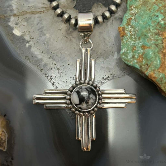 Sterling Silver Southwestern Style Rounded White Buffalo Unisex Zia Pendant #1