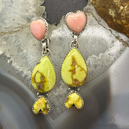 Sterling Silver Southwestern Style Teardrop Palomino & Heart Pink Conch Dangle Earrings For Women