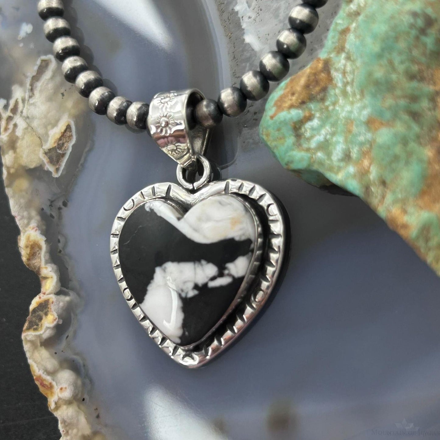 Sterling Silver Southwestern Style White Buffalo Decorated Heart Pendant For Women