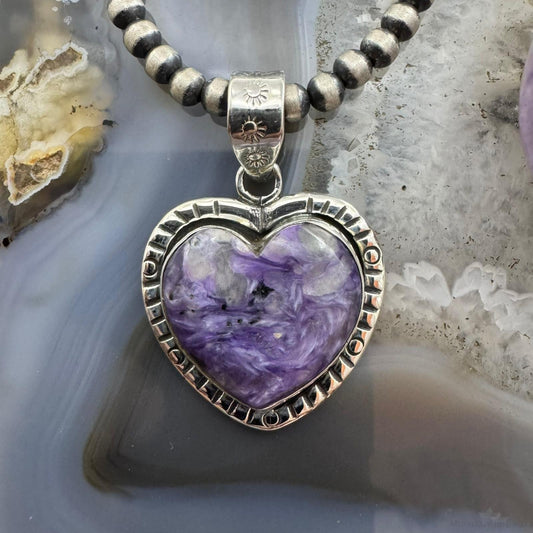 Sterling Silver Southwestern Style Charoite Heart Shape Pendant For Women