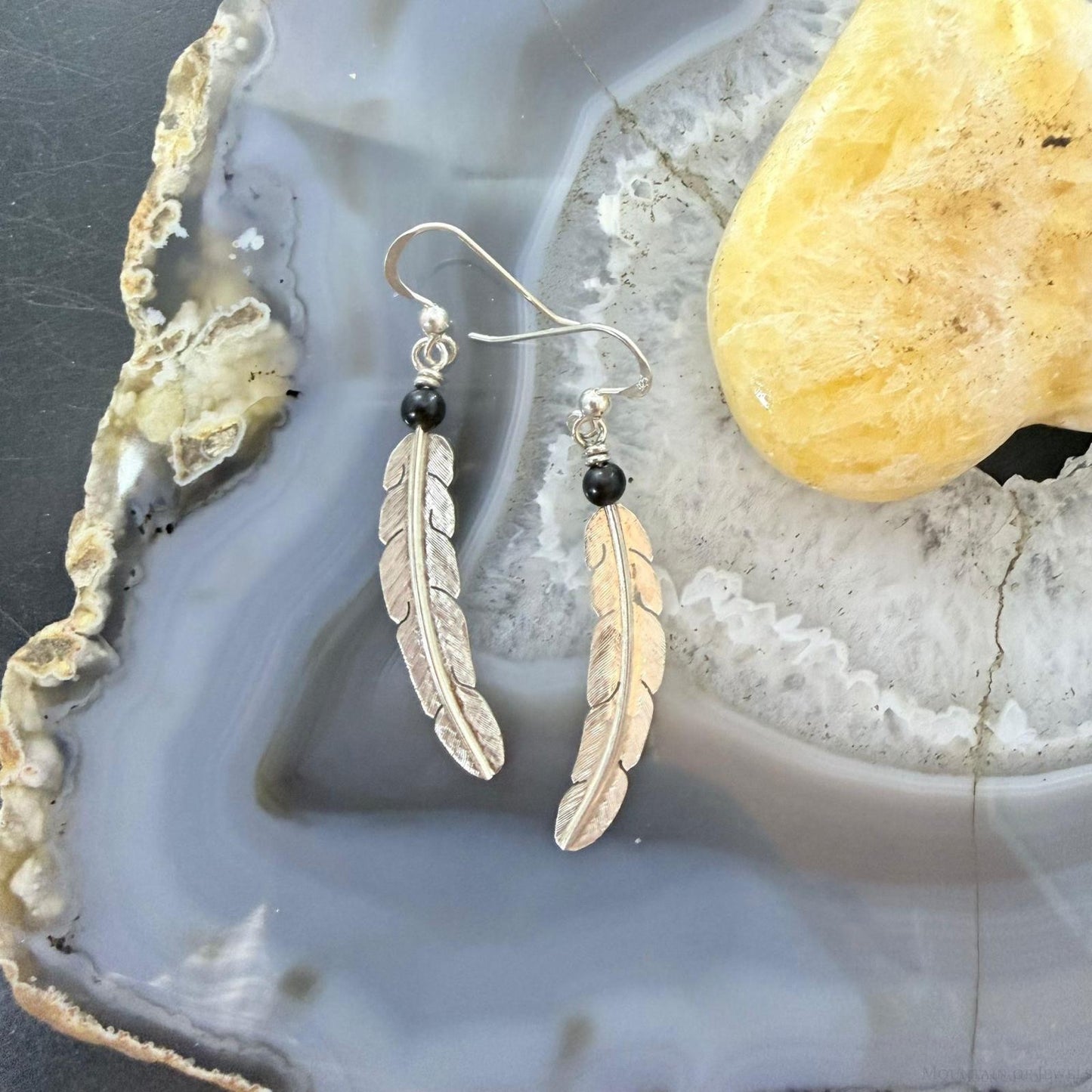 Anthony Gatewood Sterling Silver & Onyx Bead Feather Dangle Earrings For Women