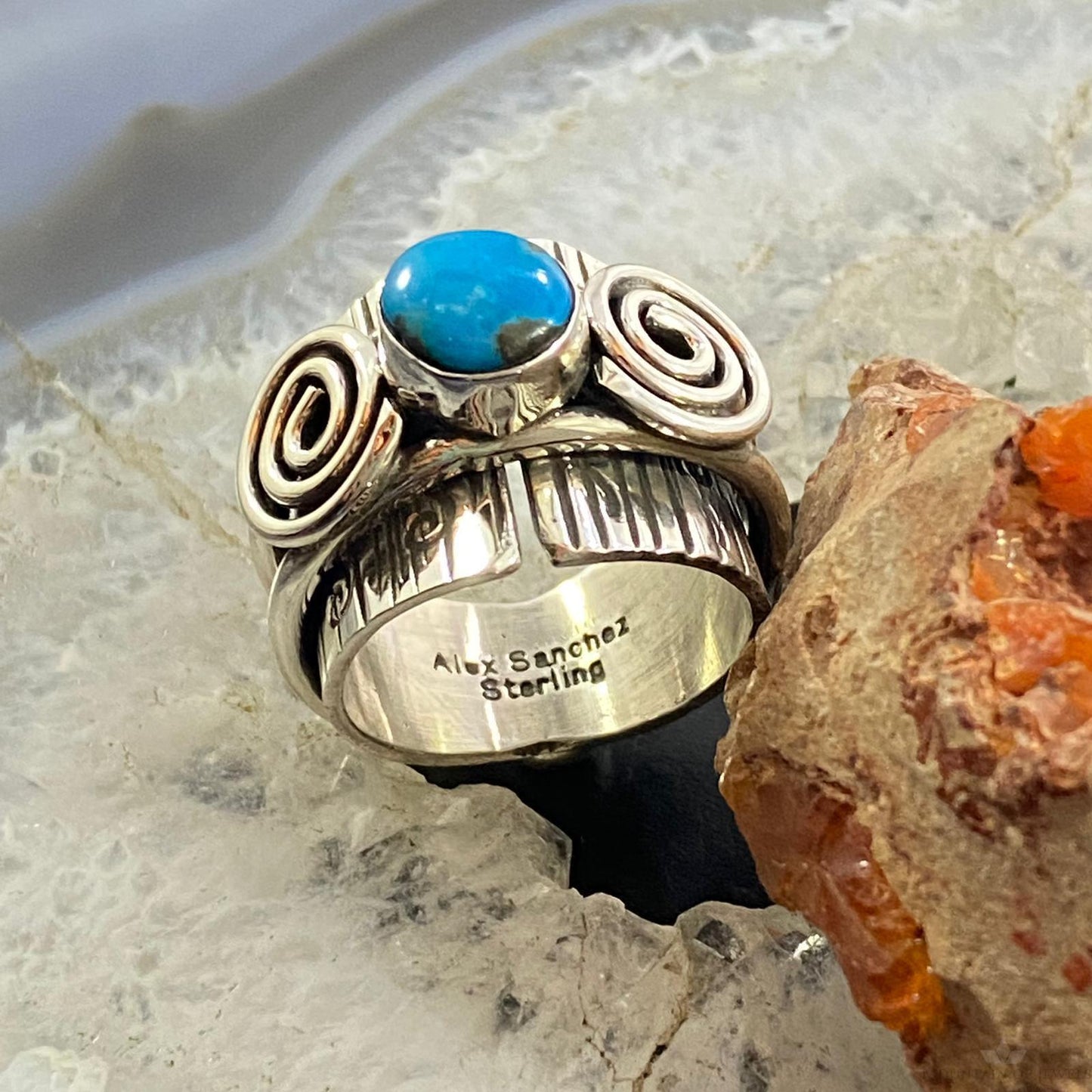 Alex Sanchez Sterling Silver Turquoise Petroglyph Band Ring Size 8.75 For Women