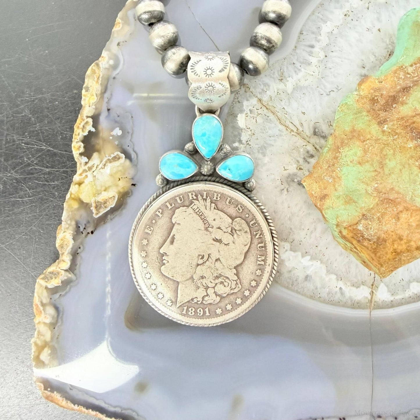 Genuine 1891 90% Silver Morgan Dollar Coin Teardrop Turquoise Decorated Pendant