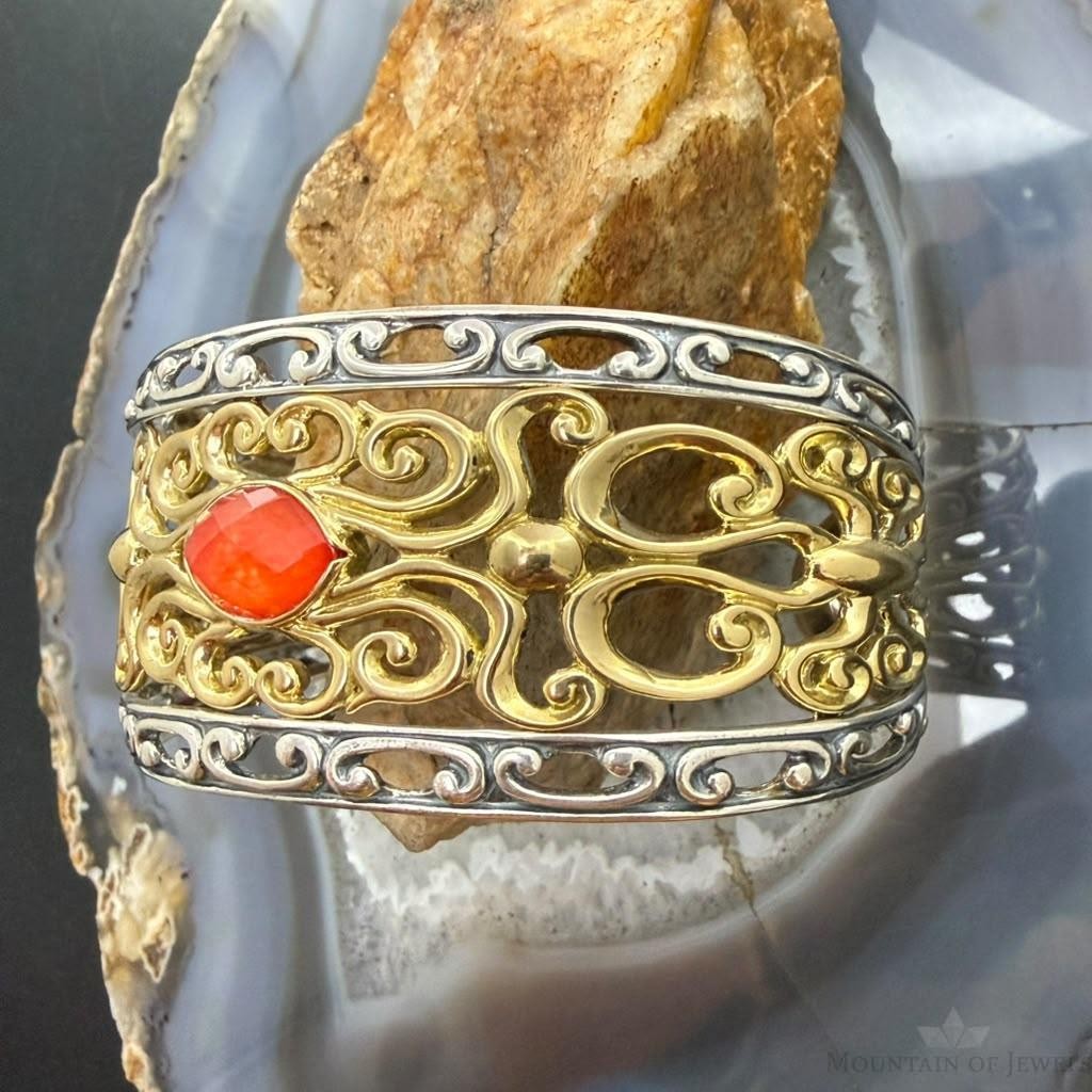 Carolyn Pollack Sterling Silver & Brass Marquise Coral Doublet Swirl Bracelet For Women