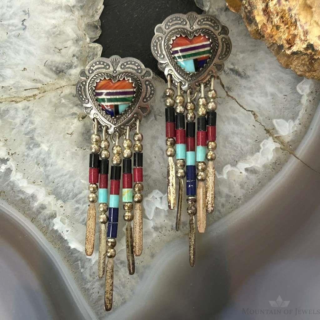 Q.T Quoc Vintage Sterling Sillver Multistone Inlay Heart Dangle Earrings For Women