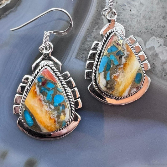 Sterling Silver Southwestern Style Teardrop Spiny & Turquoise Dangle Earrings For Women