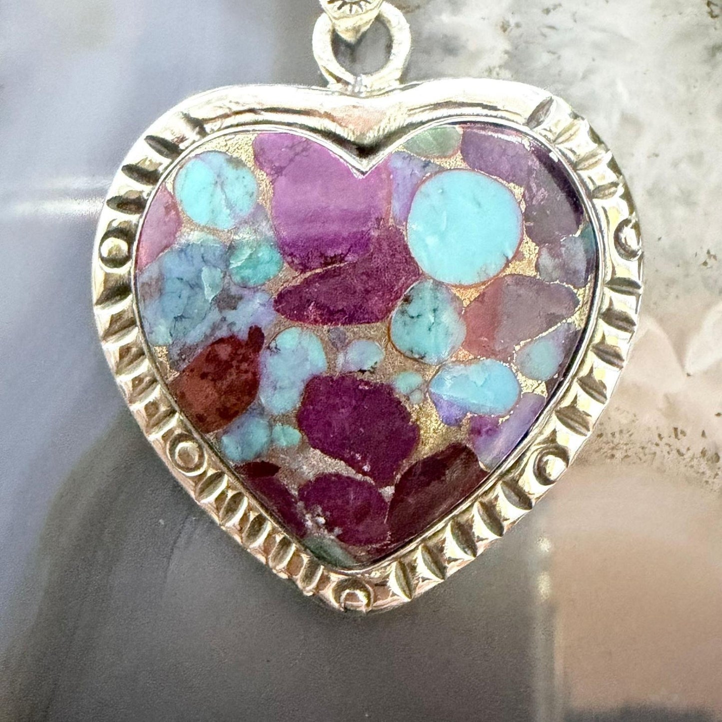 Sterling Silver Southwestern Style Purple Dahlia Heart Pendant For Women