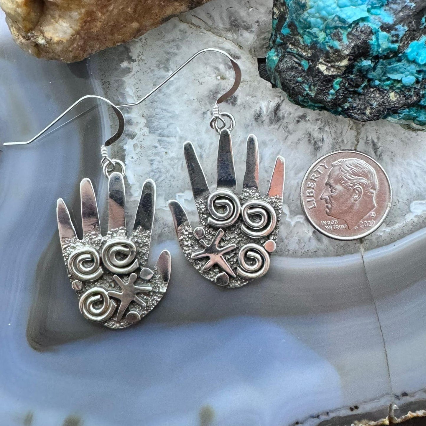 Alex Sanchez Sterling Silver Ancestors Hand Petroglyph Dangle Earrings For Women