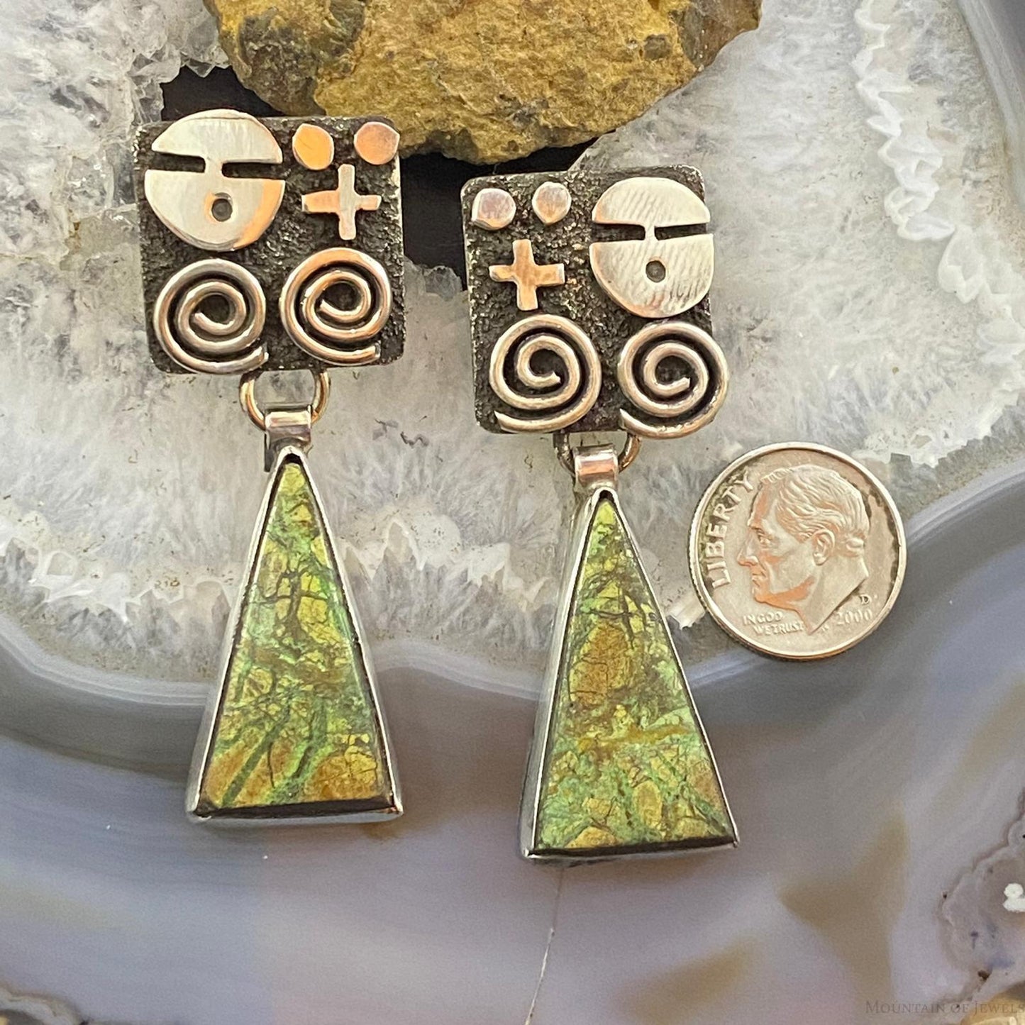 Alex Sanchez Native American Sterling Silver Triangle Green Maligano Petroglyph Dangle Earrings