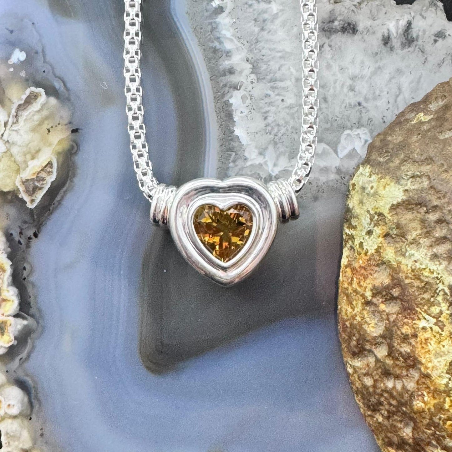 Carolyn Pollack Sterling Silver Faceted Citrine Slide Heart Pendant W/Necklace For Women