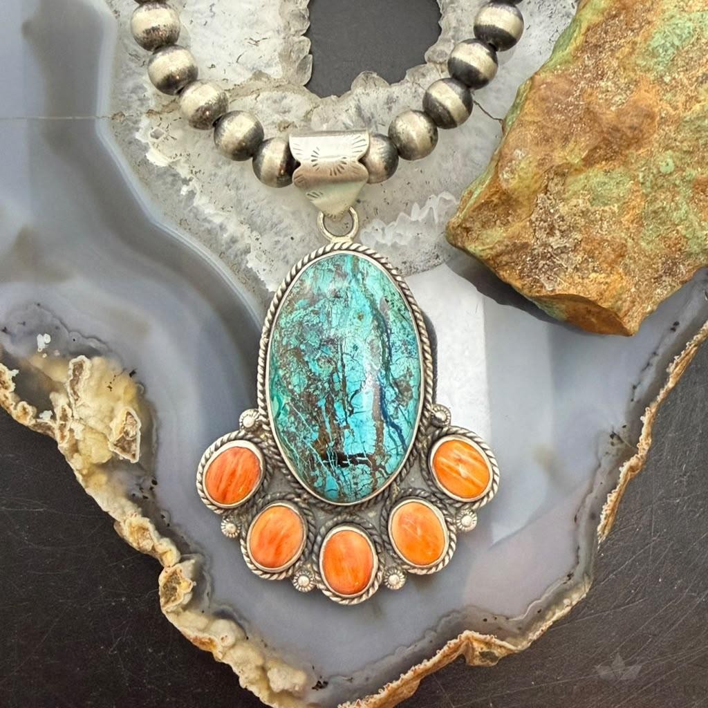 Sterling Silver Southwestern Style Azurite Malachite & Spiny Oyster Decorated Pendant