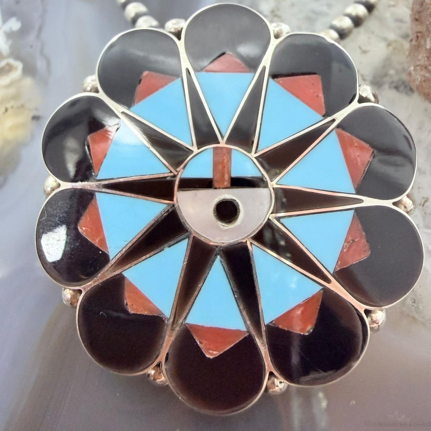Delwin Gasper Zuni Sterling Silver Multistone Inlay Sunface Pendant/Brooch For Women