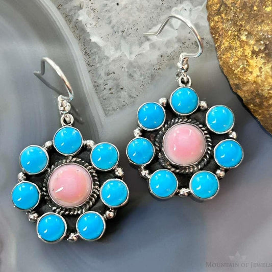 Native American Sterling Silver & Turquoise, Pink Conch Cluster Dangle Earrings For Women