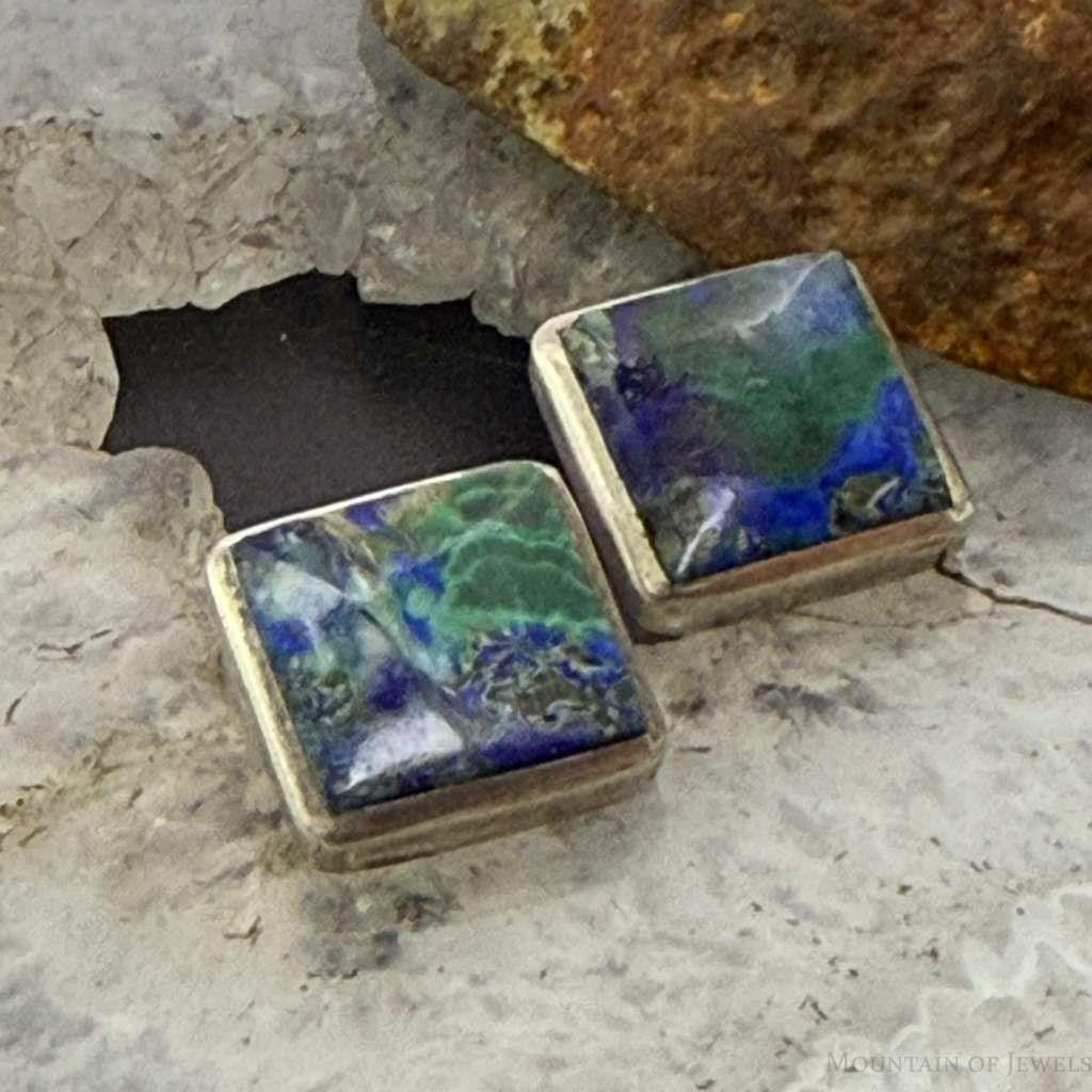 Vintage Sterling Silver Square Azurite Malachite Stud Earrings For Women