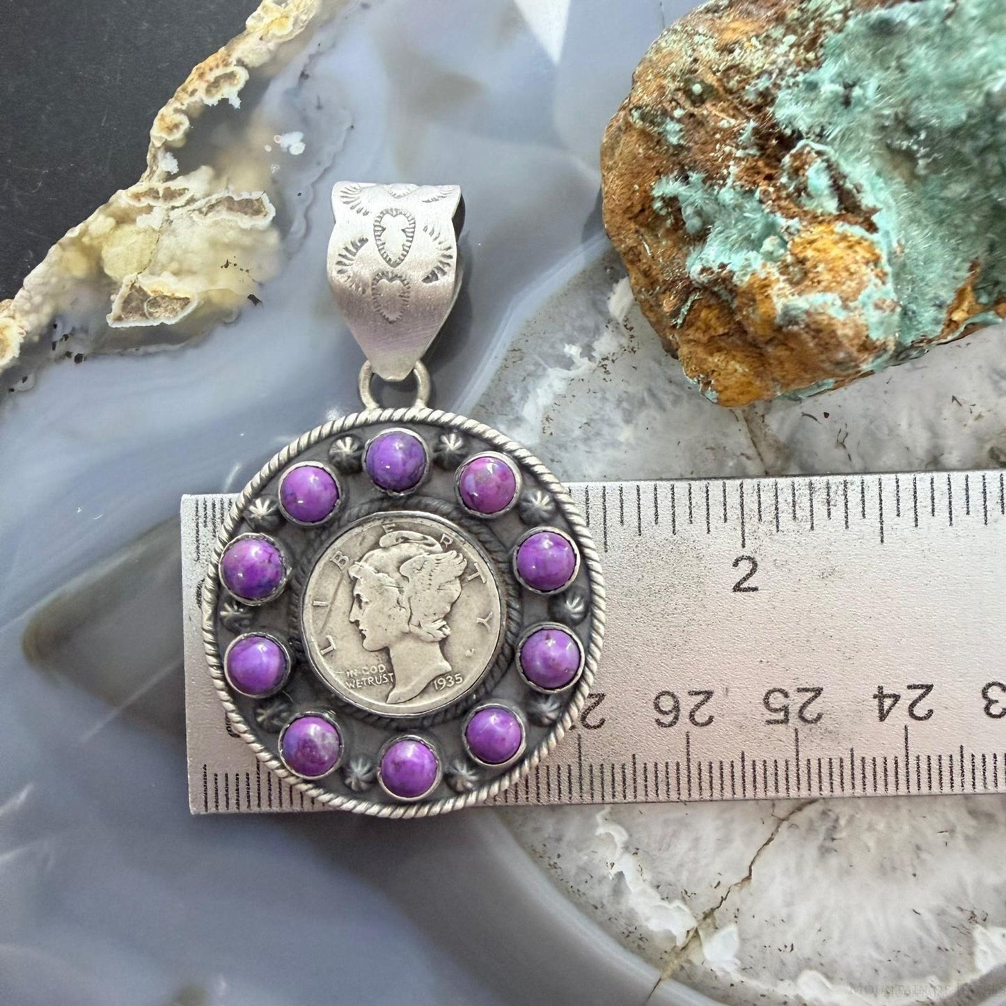 Genuine 1935 90% Silver Mercury Dime Coin w/Purple Dahlia Decorated Unisex Pendant