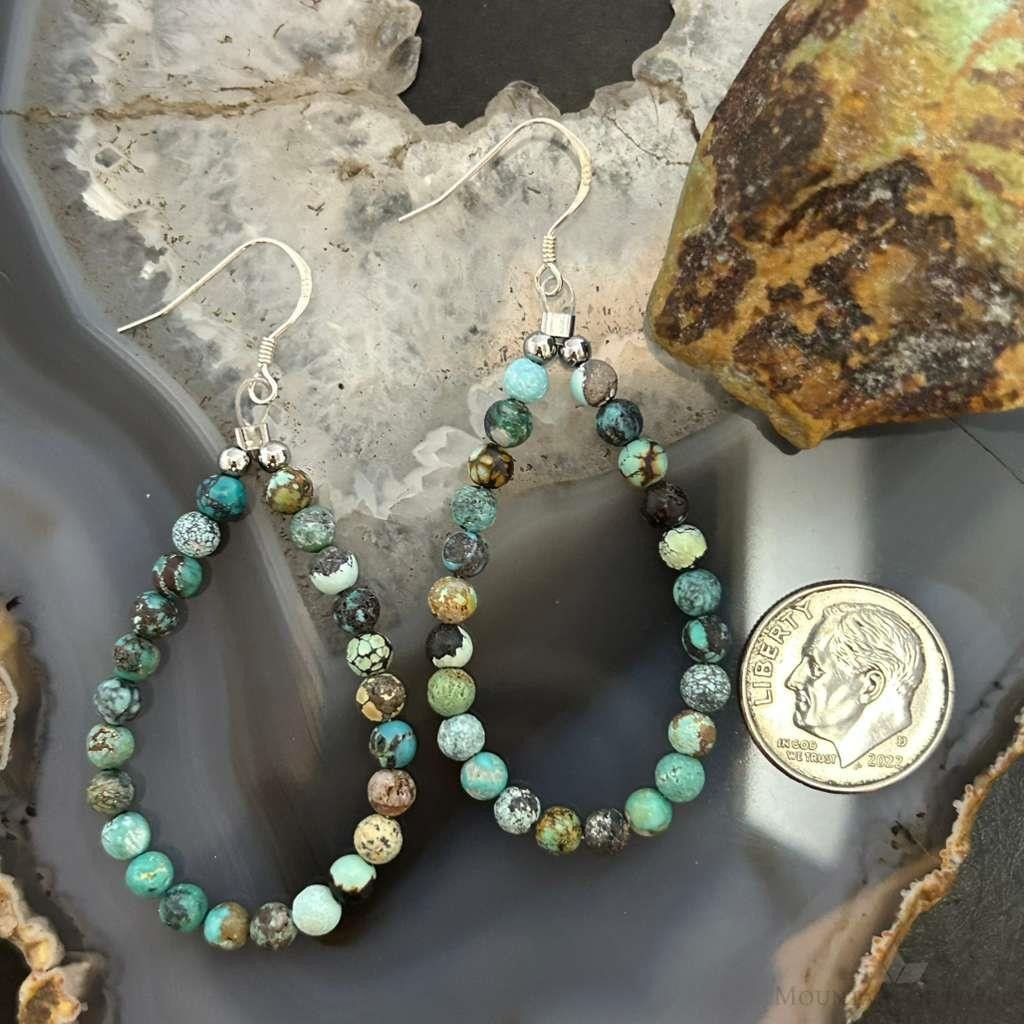 Sterling Silver Rounded Various Turquoise Beads Hoop Dangle Earrings For Women
