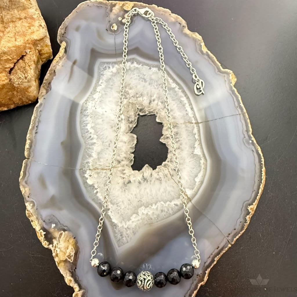 Carolyn Pollack Sterling Silver 6 Faceted Onyx w/Swirl Beads 15"-14" Necklace For Women