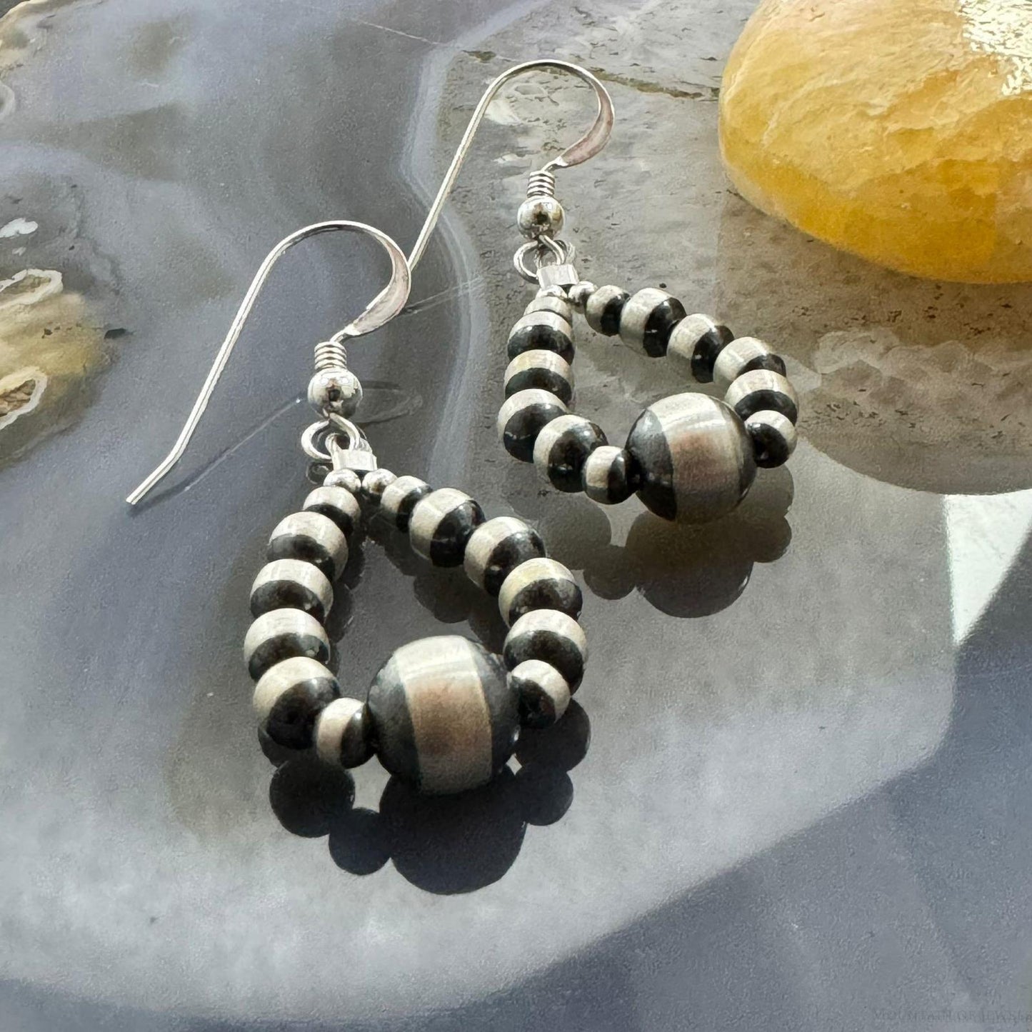 Sterling Silver Graduated Navajo Pearl Beads Hoop Dangle Earrings For Women