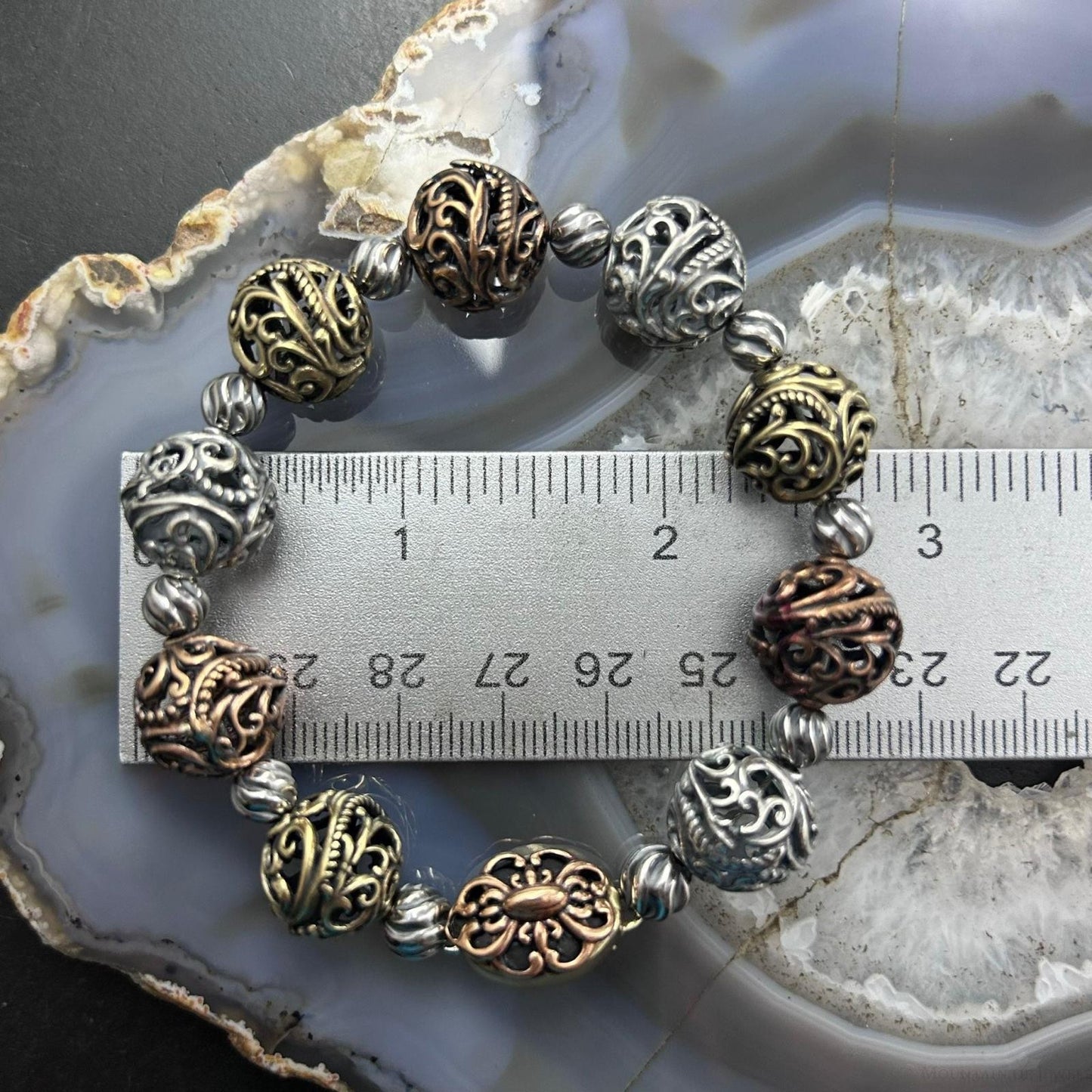 Carolyn Pollack Sterling Silver, Brass, Copper Decorated Swirl Beads Bracelet For Women