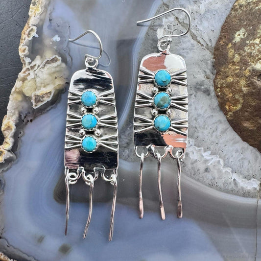 Sterling Silver Southwestern Style 3 Rounded Turquoise Tassel Dangle Earrings For Women