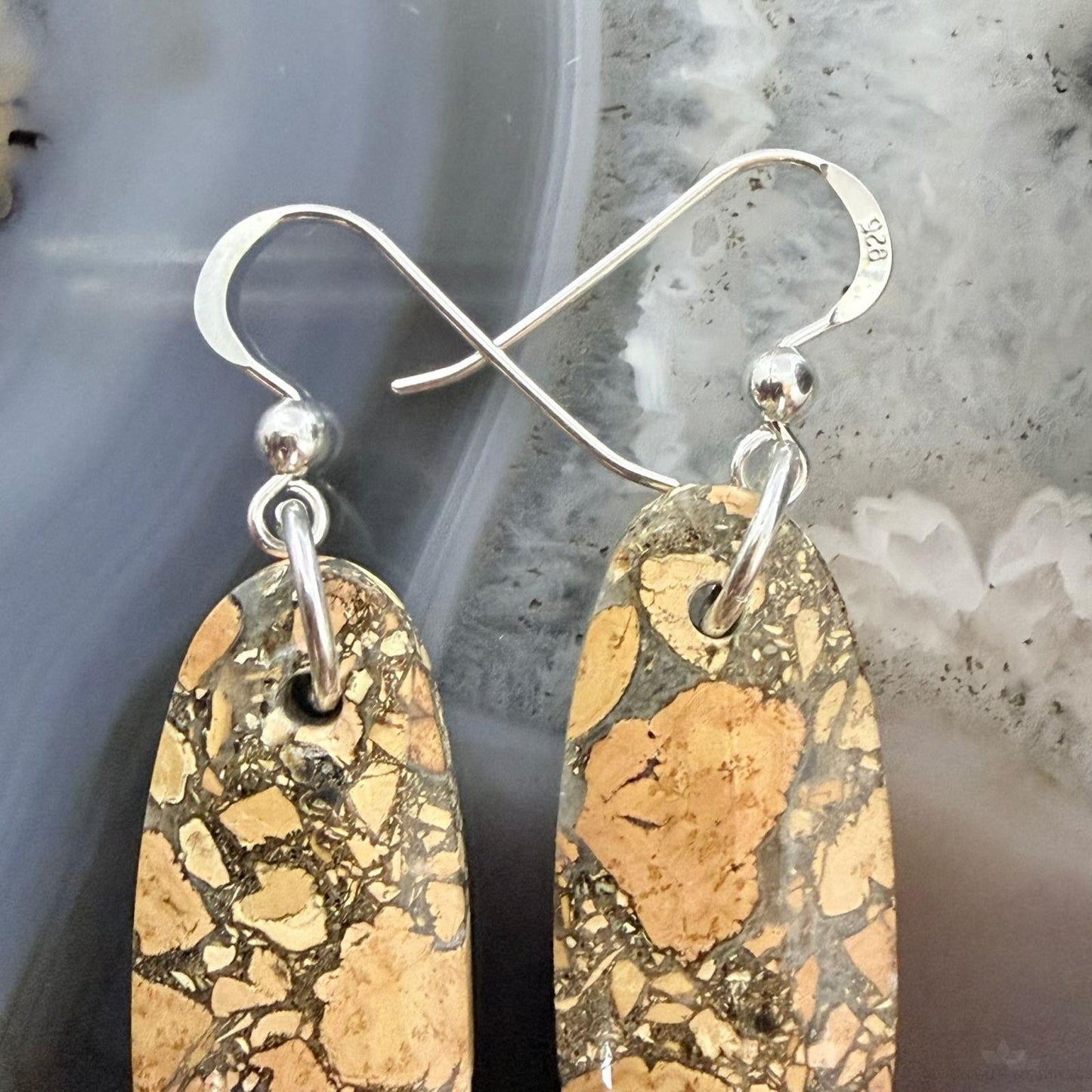 Sterling Silver Oval Maligano Jasper Slab Dangle Earrings For Women #505