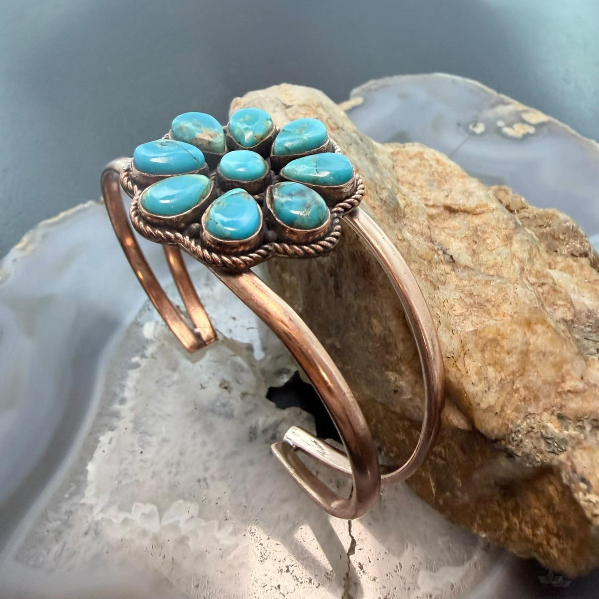 Copper Southwestern Style Teardrop Mohave Turquoise Cluster Bracelet For Women