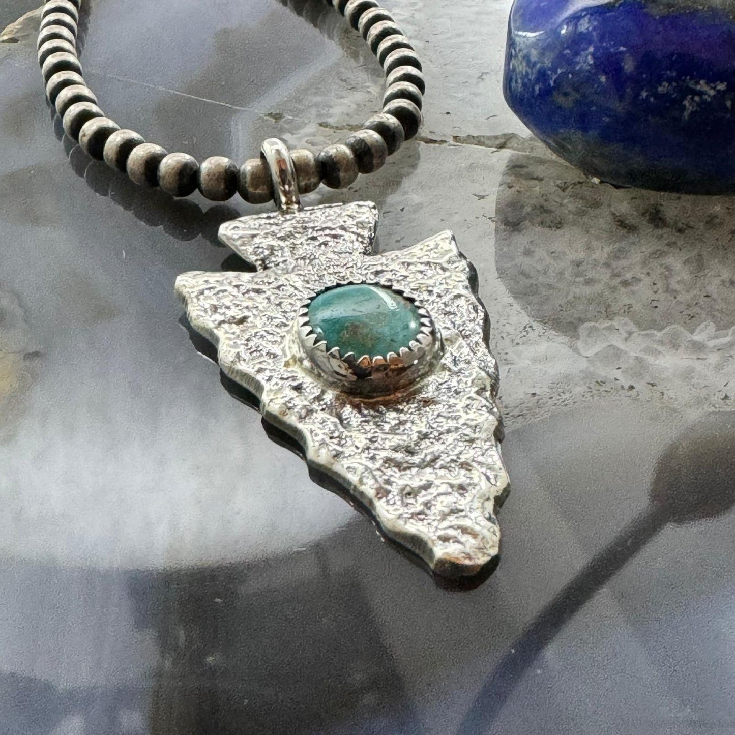 Gary Custer Native American Navajo Sterling Silver Tufa Cast Turquoise Arrowhead Unisex Pendant #3