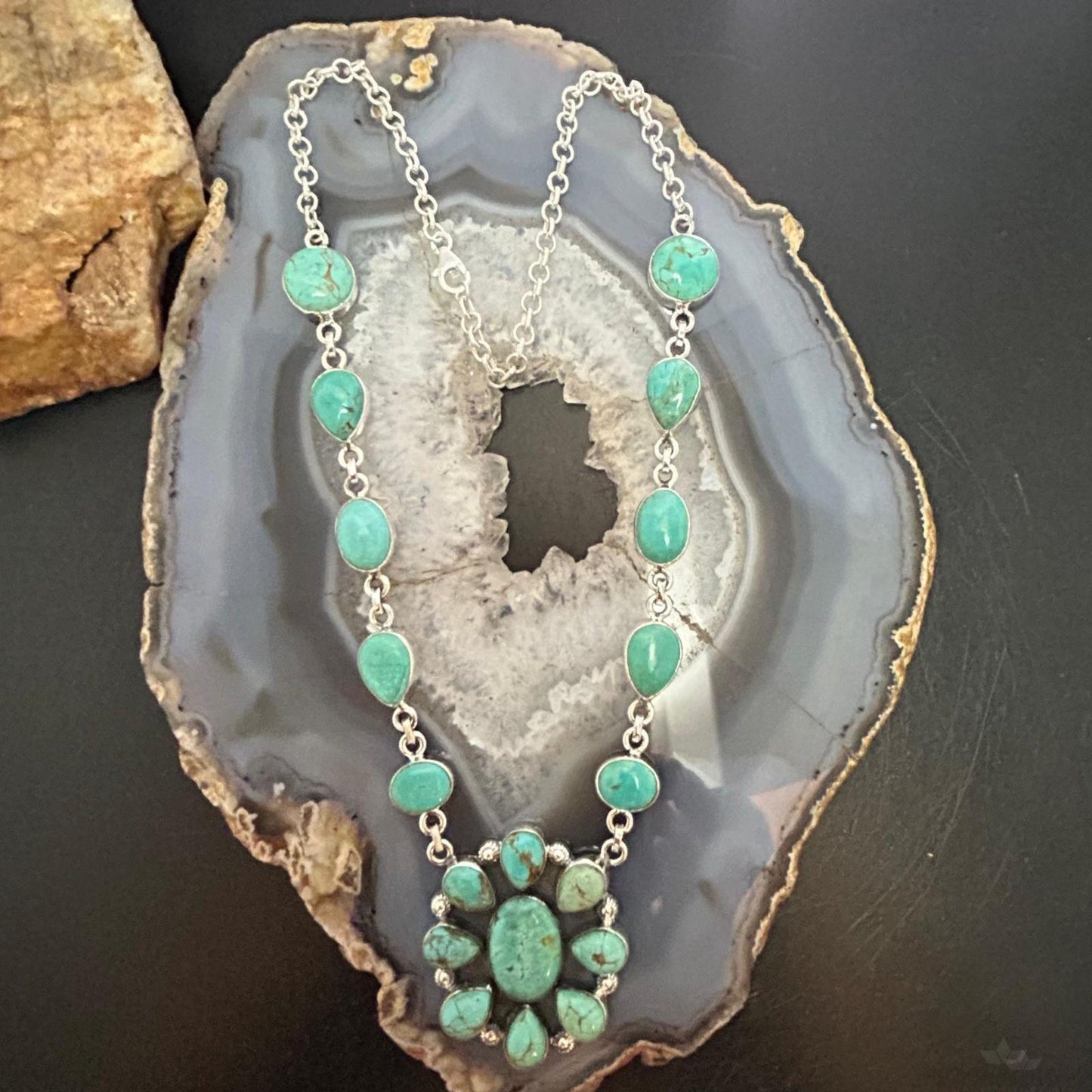 Sterling Silver Southwestern Style Tyrone Turquoise Cluster 18" Necklace For Women