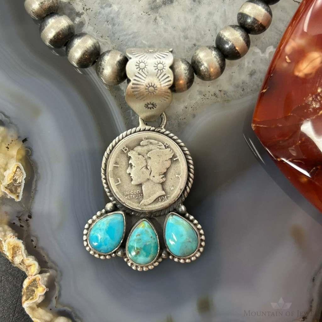 Genuine 1917 90% Silver Mercury Dime Coin w/Teardrop Turquoise Decorated Unisex Pendant