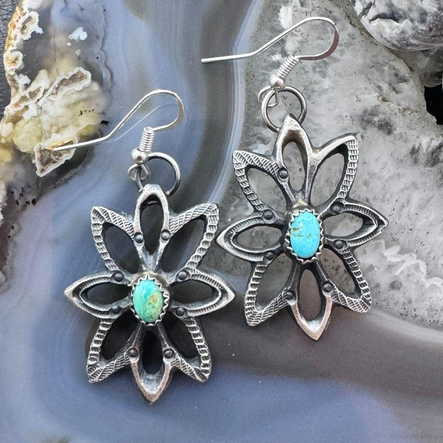 Linberg Billah Native American Sterling Silver Turquoise Sandcast Dangle Earrings For Women