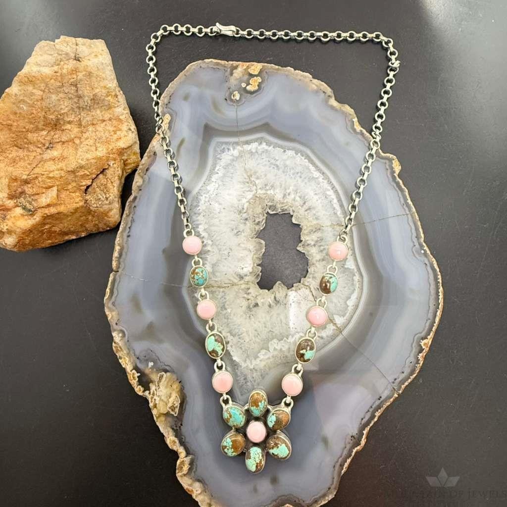 Sterling Silver Southwestern Style Turquoise &Pink Conch 20" Cluster Necklace For Women