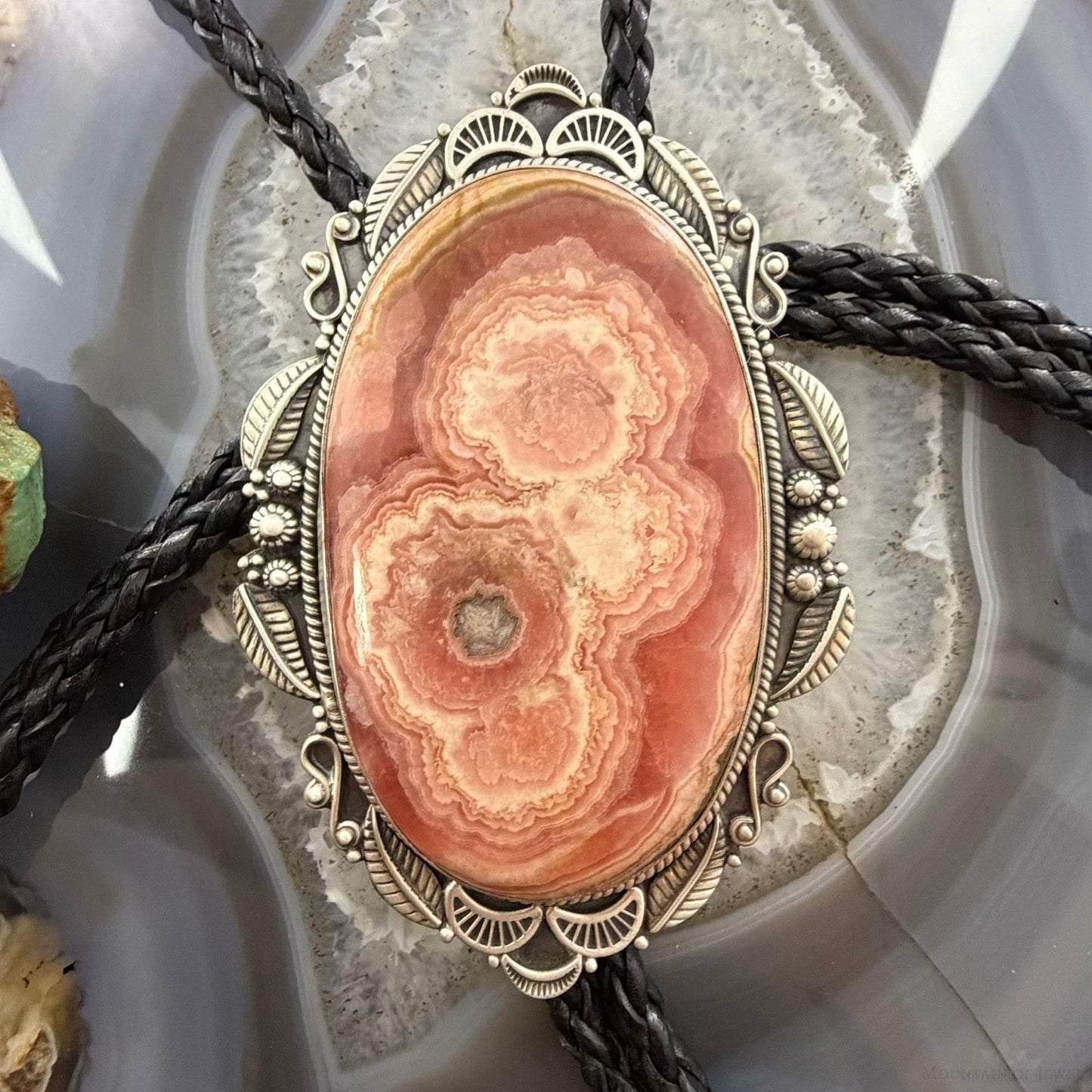 Sterling Silver Southwestern Style Oval Large Rhodochrosite Bolo Tie For Men