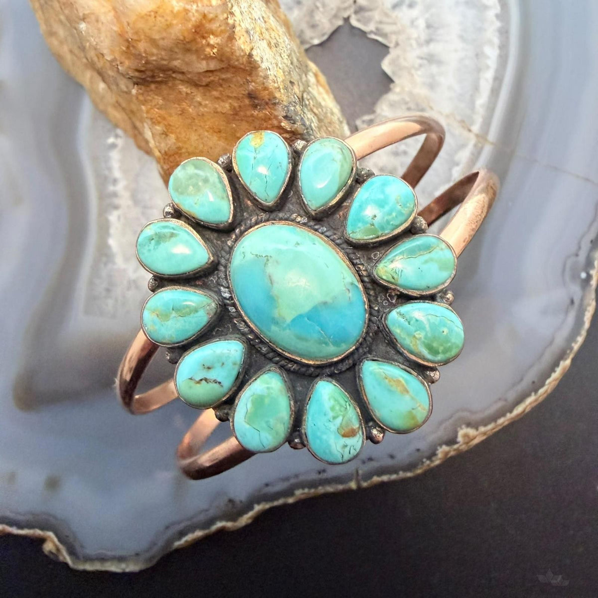Copper Southwestern Style Mohave Turquoise Decorated Cluster Bracelet For Women