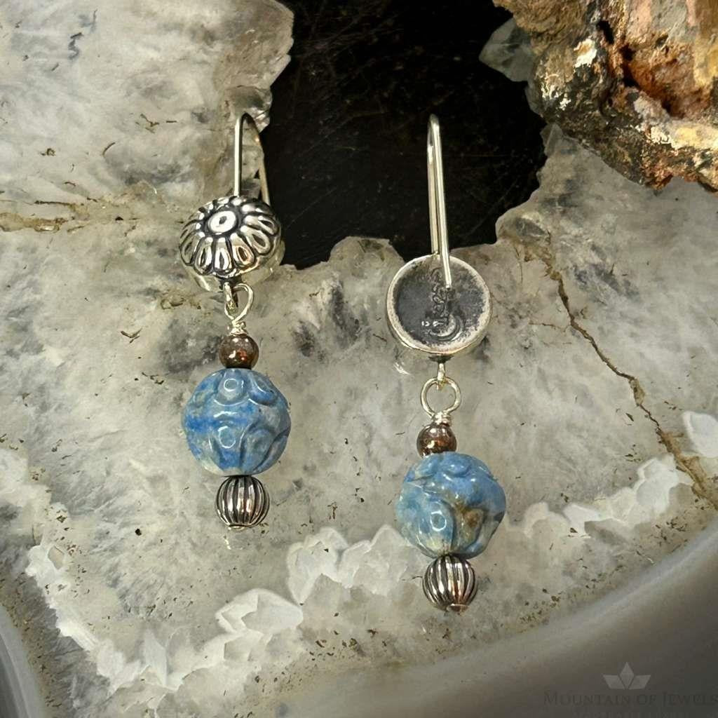 Carolyn Pollack Sterling Silver Carved Denim Lapis Bead Dangle Earrings For Women