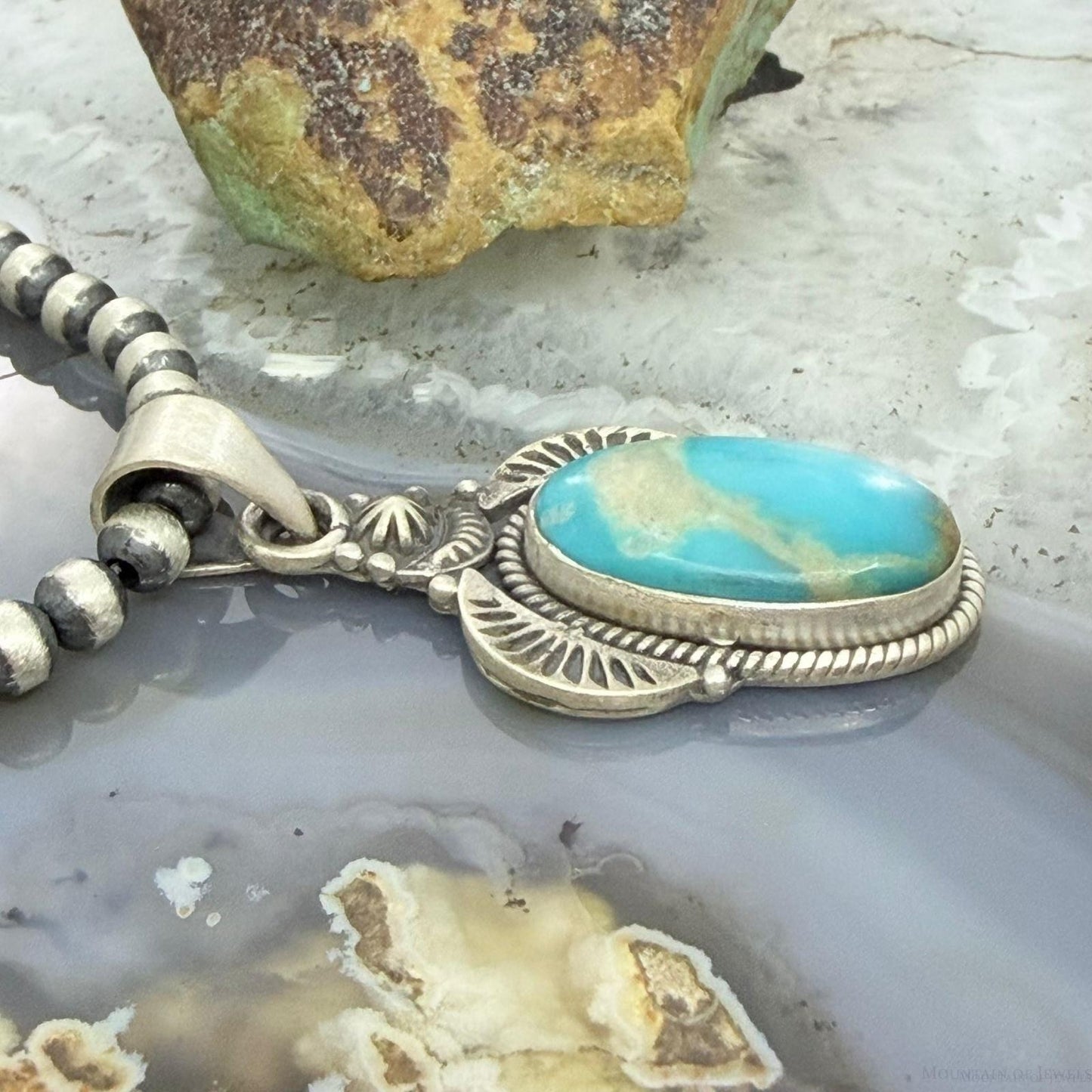 Sterling Silver Southwestern Style Oval Kingman Turquoise Decorated Pendant For Women