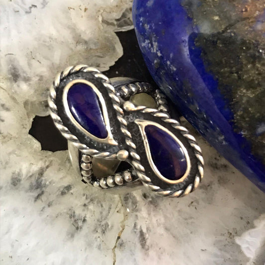 Carolyn Pollack Sterling Silver 2 Curved Pear Lapis Decorated Ring Size 6 For Women