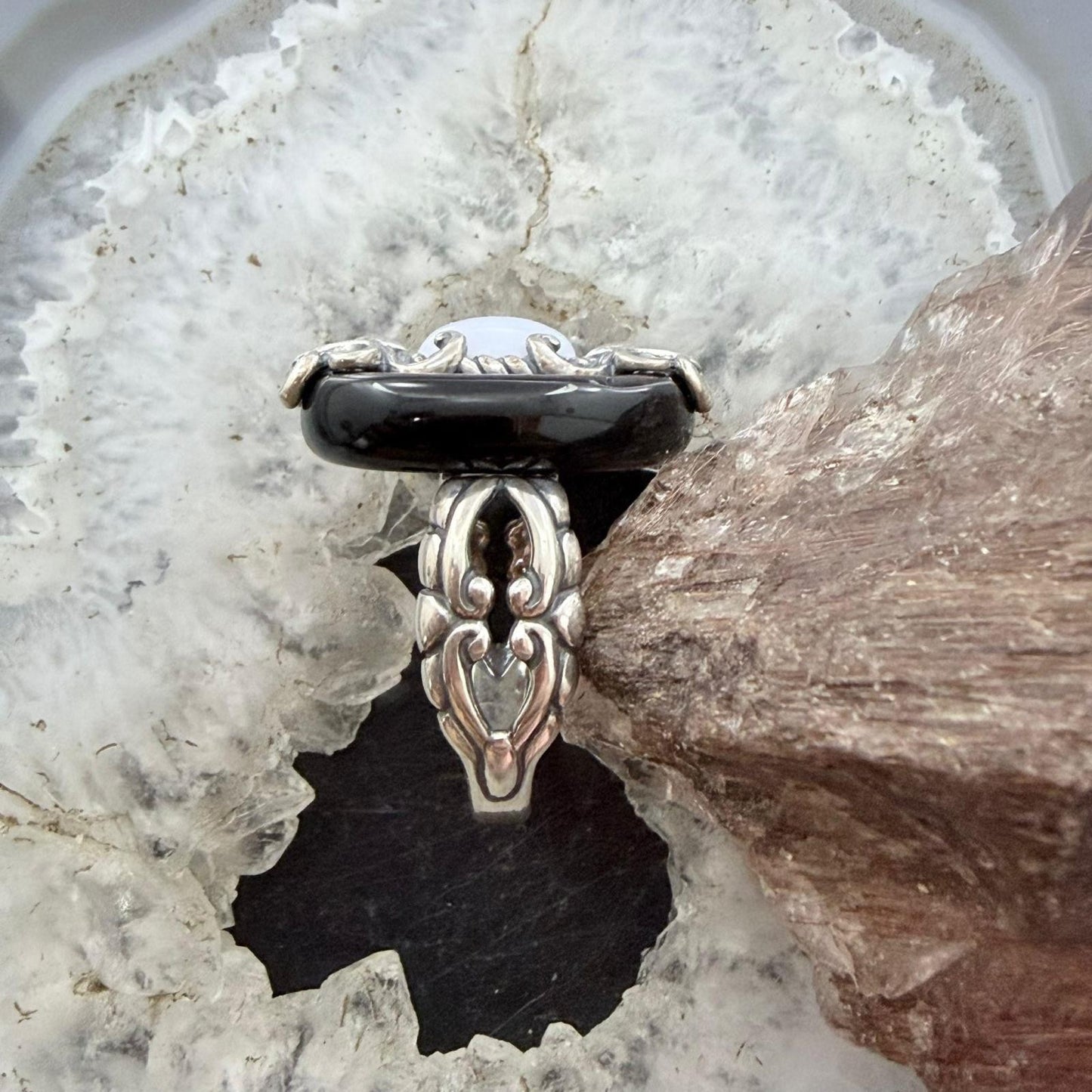 Carolyn Pollack Sterling Silver Black Agate & Blue Lace Agate Ring Size 8.25 For Women