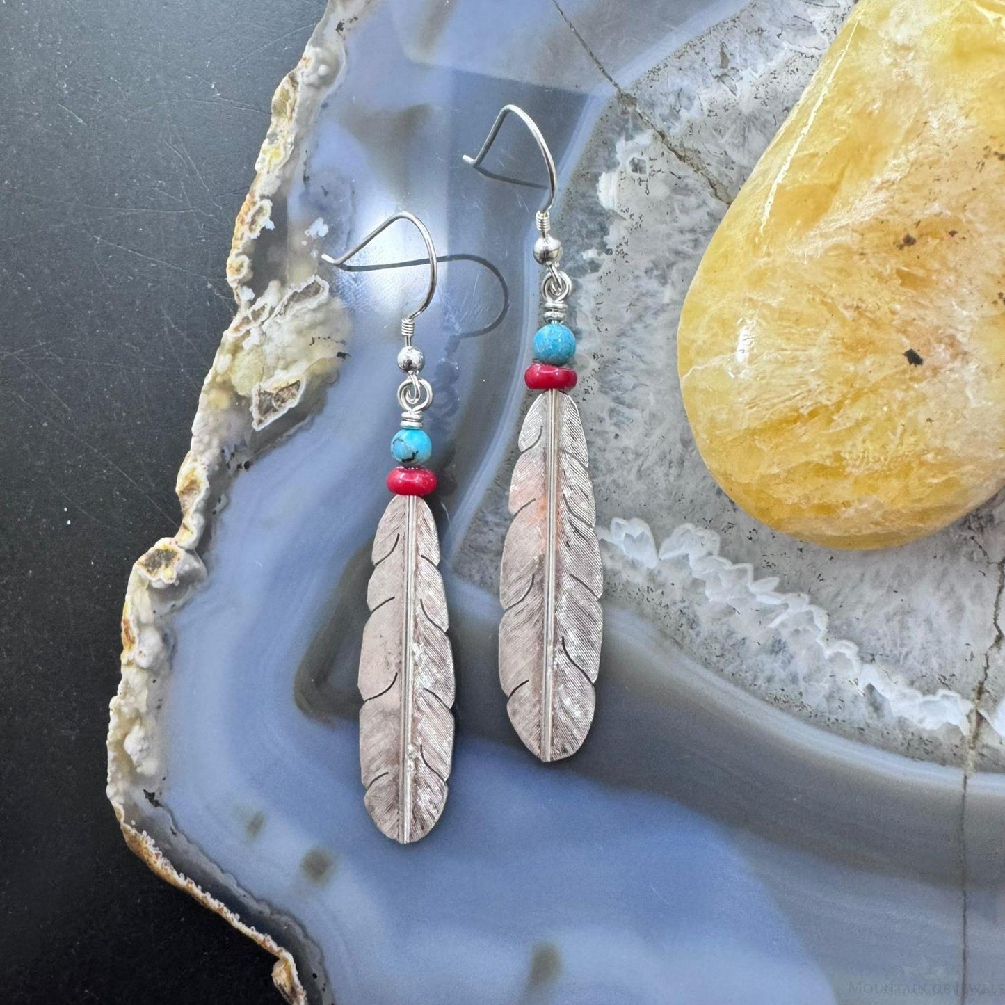 Anthony Gatewood Sterling Silver Turquoise & Coral Bead Feather Dangle Earrings For Women