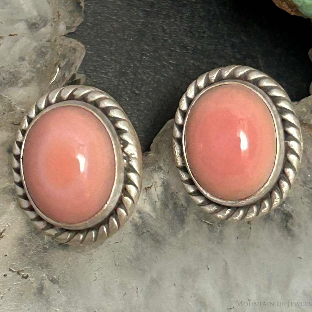 Sterling Silver Southwestern Style Oval Pink Conch Stud Earrings For Women
