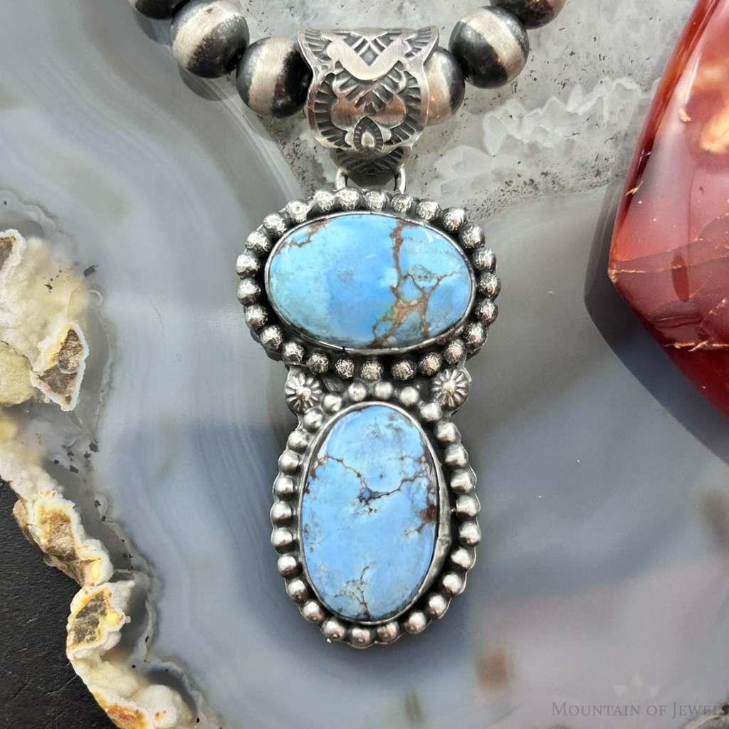 Native American Sterling Silver Double Oval Golden Hill Turquoise Pendant For Women
