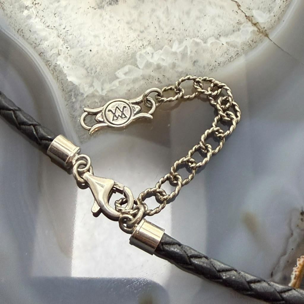 Carolyn Pollack Sterling Silver Braided Black Leather Cord 15"-18" Necklace For Women