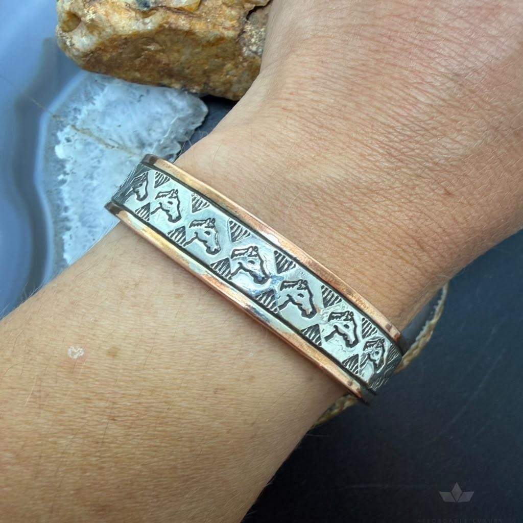 Wylie Secatero Navajo Sterling Silver & Copper Stamped Horse Bracelet For Women