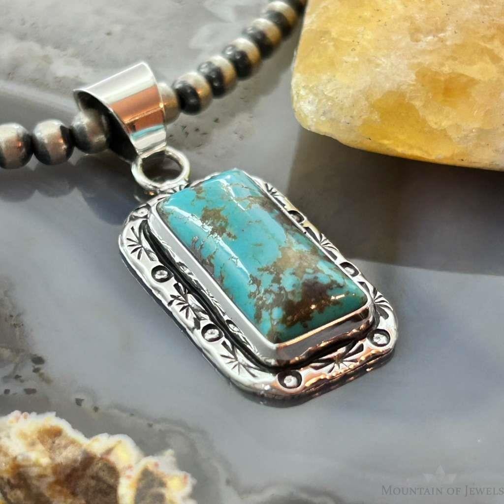 Native American Sterling Silver Rectangle Turquoise Decorated Pendant For Women